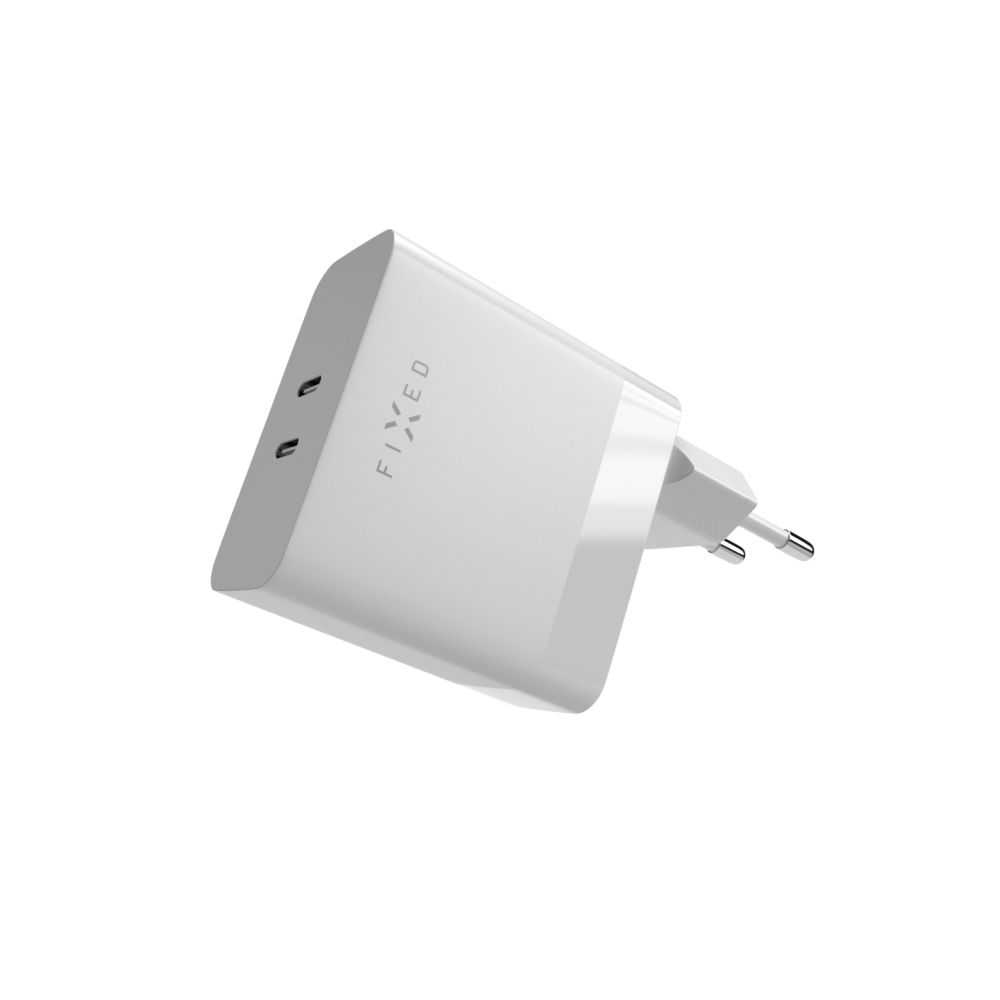 Síťová nabíječka FIXED s 2x USB-C výstupem, podpora PD, 65W, bílá